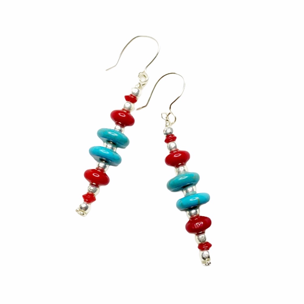 NWT ShanRiLa Turquoise & Red Stacked Earrings